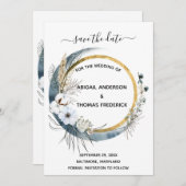 ホワイトブルー金ゴールドフローラウォーターカラーボホ結婚ズ セーブザデート (正面/裏面)