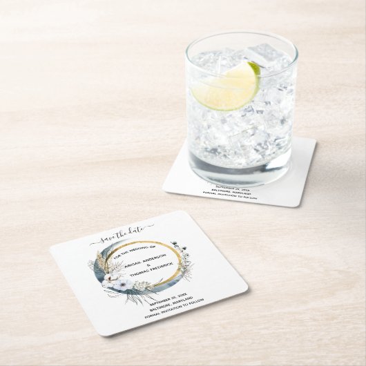 ホワイトブルー金ゴールドフローラ水色エレガントな結婚式 スクエアペーパーコースター (インサイチュ)