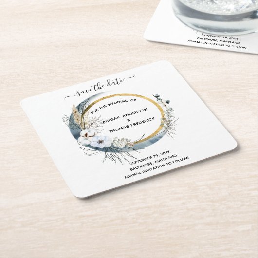 ホワイトブルー金ゴールドフローラ水色エレガントな結婚式 スクエアペーパーコースター (アングル)