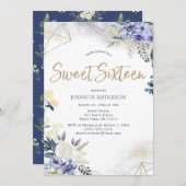 ホワイトブルー金ゴールド水彩フローラスイート16 招待状 (正面/裏面)