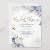 ホワイトブルー金ゴールド水彩フローラブライダルシャワー 招待状 (正面)
