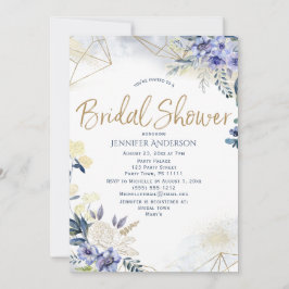 ホワイトブルー金ゴールド水彩フローラブライダルシャワー 招待状