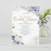 ホワイトブルー金ゴールド水彩フローラブライダルシャワー 招待状 (スタンド正面)