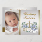 ホワイトブルー金ゴールド男の赤ちゃんフォト《キリスト教》洗礼式や命名式 招待状 (正面/裏面)