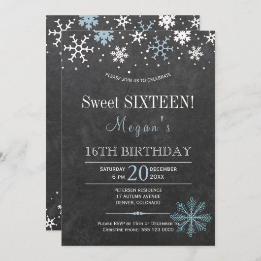 ホワイトブルー雪のシックな冬のsweet sixteen 招待状 (正面/裏面)