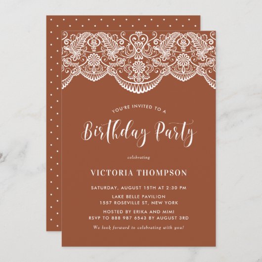 ホワイトブロケドレーステラコッタバースデーパーティー 招待状 (正面/裏面)