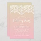 ホワイトブロケードのレースピンクグラデーションの誕生日パーティー 招待状 (正面/裏面)