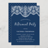 ホワイトブロケードレースネイビーブルーリタイアメントパーティー 招待状 (正面/裏面)