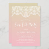 ホワイトブロケードレースピンクグラデーションスウィート16パーティー 招待状 (正面/裏面)