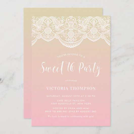 ホワイトブロケードレースピンクグラデーションスウィート16パーティー 招待状 (正面/裏面)