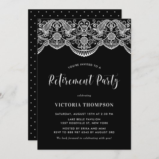 ホワイトブロケードレースブラックリタイアメントパーティー 招待状 (正面/裏面)