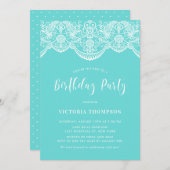 ホワイトブロケードレースブルー誕生日パーティー 招待状 (正面/裏面)