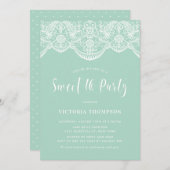 ホワイトブロケードレースミントグリーンスウィート16パーティー 招待状 (正面/裏面)