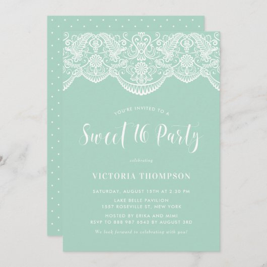 ホワイトブロケードレースミントグリーンスウィート16パーティー 招待状 (正面/裏面)