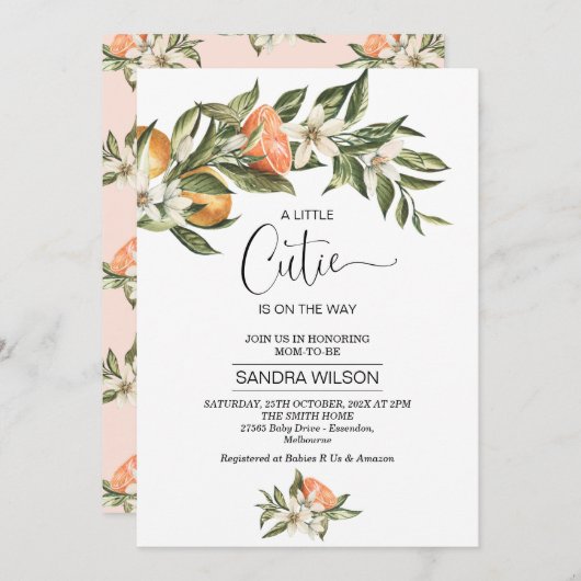 ホワイトブロッサムクレメンチンリトルかわいこちゃんベビーシャワー 招待状 (正面/裏面)