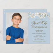 ホワイトブロッサムファースト聖なる聖体青い写真 招待状 (正面/裏面)
