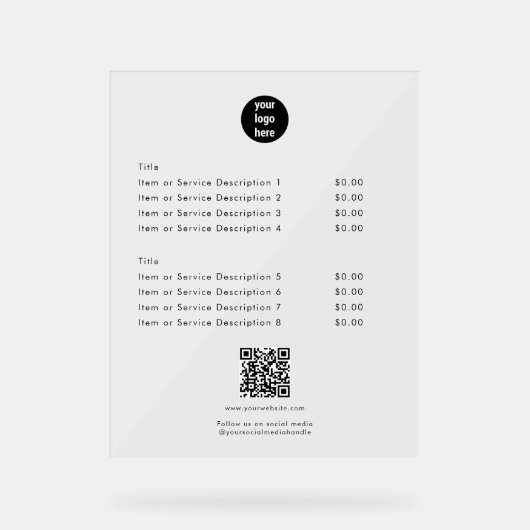 ホワイトプライスモダンリストQRコードソーシャルメディア アクリルサイン (正面)