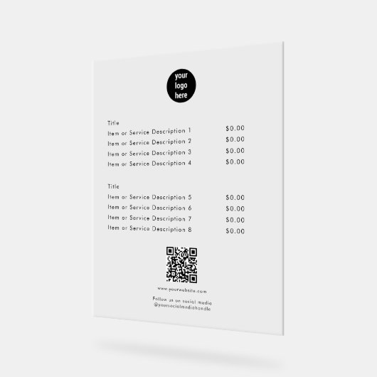 ホワイトプライスモダンリストQRコードソーシャルメディア アクリルサイン (傾斜)