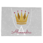 ホワイトプリンセスクラウンバラ金ゴールド赤面ピンクグリッター ラージペーパーバッグ (裏面)