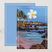 ホワイトプルメリアフラワーとトロピカルビーチ、RSVP 招待状 (正面/裏面)
