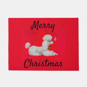 ホワイトプードルオンレッドカーペットクリスマス ドアマット