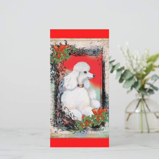 ホワイトプードルクリスマスヴィンテージスタイルカード シーズンカード (スタンド正面)