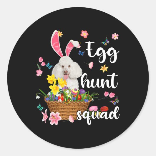 ホワイトプードルハッピーイースターデイイースターカラフルエッグ ラウンドシール (正面)