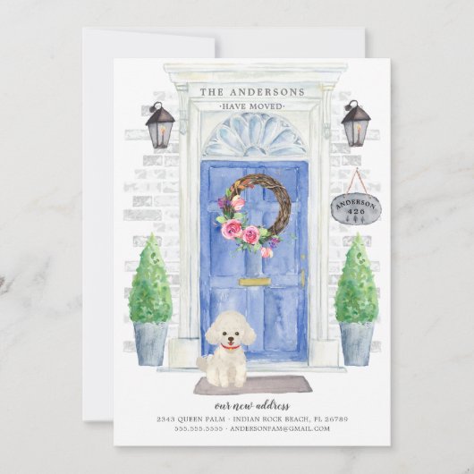 ホワイトプードルフロントドアの移動告知 招待状 (正面)