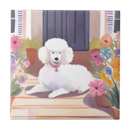 ホワイトプードル | 犬 ペット 水彩 花 タイル