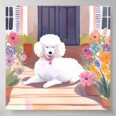 ホワイトプードル | 犬 ペット 水彩 花 ポスター (正面)