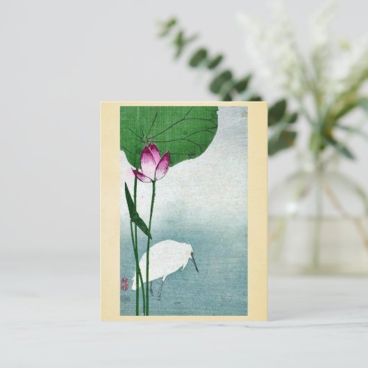 ホワイトヘロンとハスbyバイソン浮世絵 ポストカード (スタンド正面)