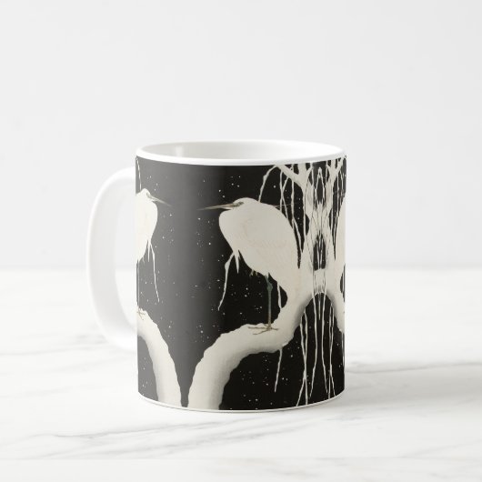 ホワイトヘロン鳥の雪の冬のヴィンテージイラストレーション コーヒーマグカップ (正面左)