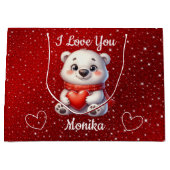 ホワイトベア&レッド愛する君の名パーソナライズされた前 ラージペーパーバッグ (正面)