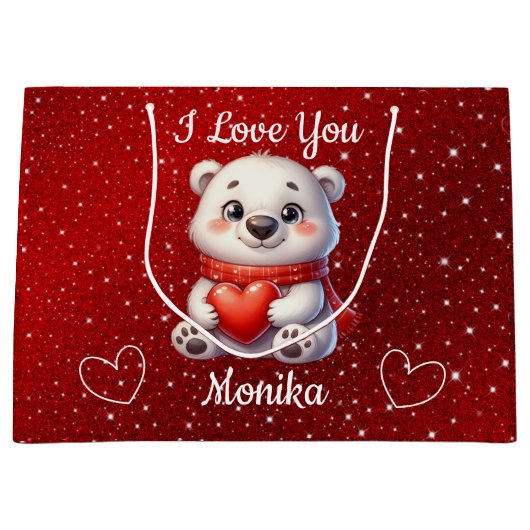 ホワイトベア&レッド愛する君の名パーソナライズされた前 ラージペーパーバッグ (正面)