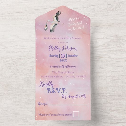 ホワイトベビーガールオンザウェイストークサンセットスカイ オールインワン招待状 (内側)