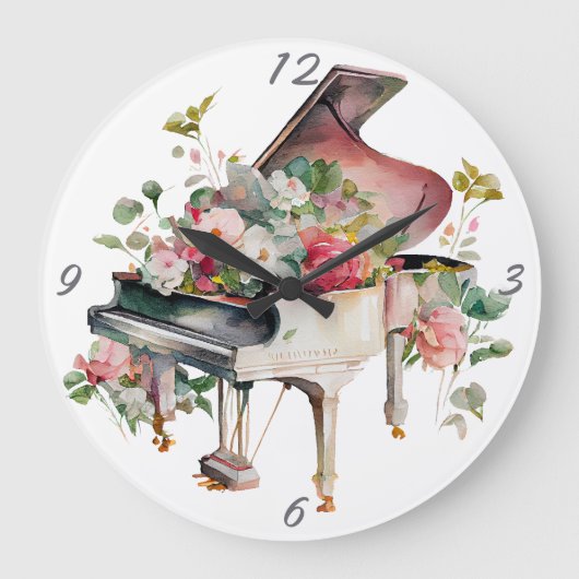 ホワイトベビーグランドピアノウォーターカラー ラージ壁時計 (正面)