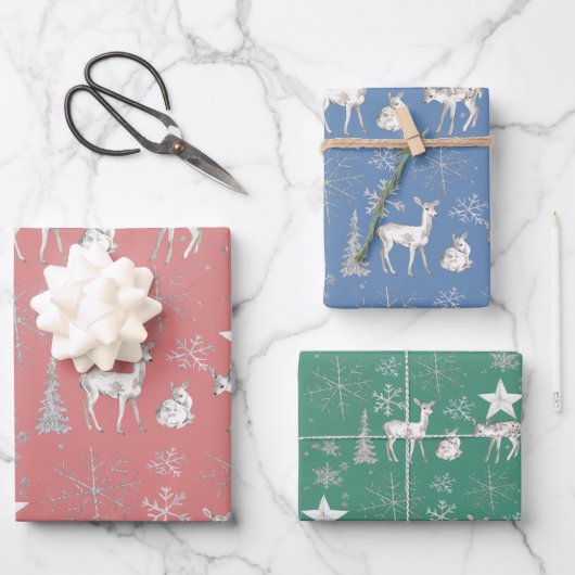 ホワイトベビードエディアシルバー雪の結晶と星 ラッピングペーパーシート (正面)