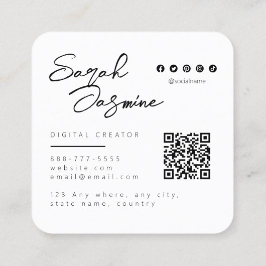 ホワイトベージュのミニマルモダンリストインフルエンサーのスキャナブル スクエア名刺 (裏面)