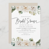 ホワイトベージュフローラウィンターグリーナリーブライダルシャワー 招待状 (正面/裏面)
