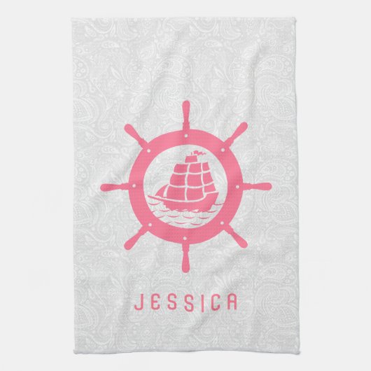 ホワイトペイズリーダマスク&ピンク航海のボートホイール キッチンタオル (縦)