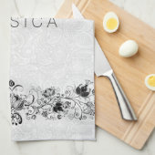 ホワイトペイズリーダマスク&ブラックスワールレース キッチンタオル (四つ折り)