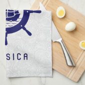 ホワイトペイズリーダマスク&ブルー航海のボートホイール キッチンタオル (四つ折り)