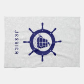 ホワイトペイズリーダマスク&ブルー航海のボートホイール キッチンタオル (横)