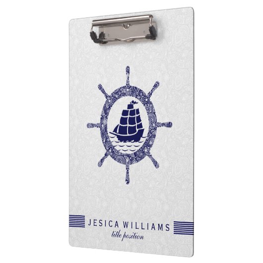 ホワイトペイズリー及びネイビー航海のブルボートホイール クリップボード (左)