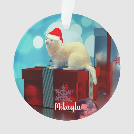 ホワイトペットフェレットインサンタハットオーナメント オーナメント (正面)