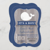 ホワイトホエールアホイネイビーブルーシャワー素朴招待状 招待状 (正面/裏面)