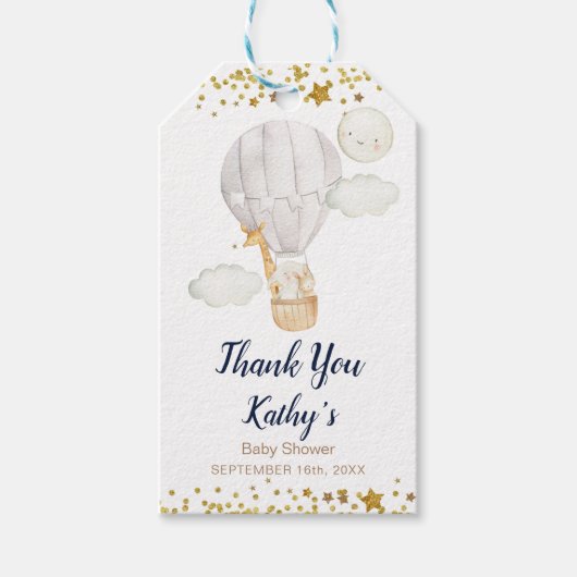 ホワイトホットエアバルーンジャングル動物金ゴールドグリッター ギフトタグ (正面)