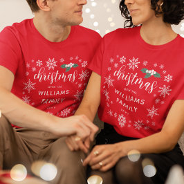 ホワイトホリー雪の結晶クリスマスと家族の名前 Tシャツ