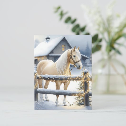 ホワイトホースかわいらしファームクリスマスパーソナライズされた ポストカード (スタンド正面)
