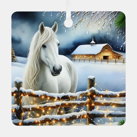 ホワイトホースかわいらしファームクリスマスパーソナライズされた メタルオーナメント (正面)